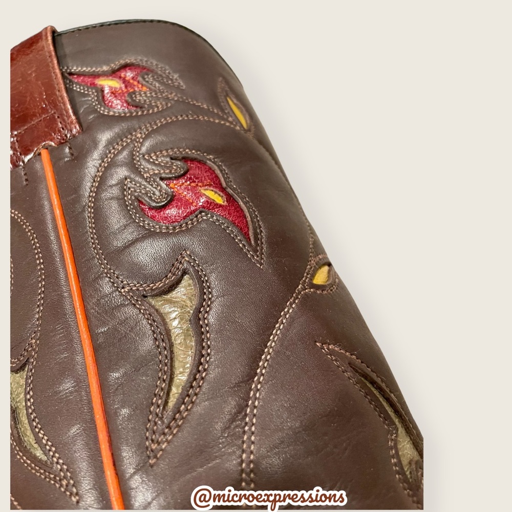 1970s VINTAGE Frye Prairie Flower Boho Brown Real Leather Western Cowboy Boots - Picture 14 of 16